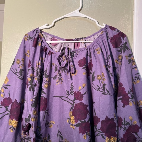 Plus Size Peasant Blouse Purple Yellow Floral Tie Neck - Picture 2 of 10